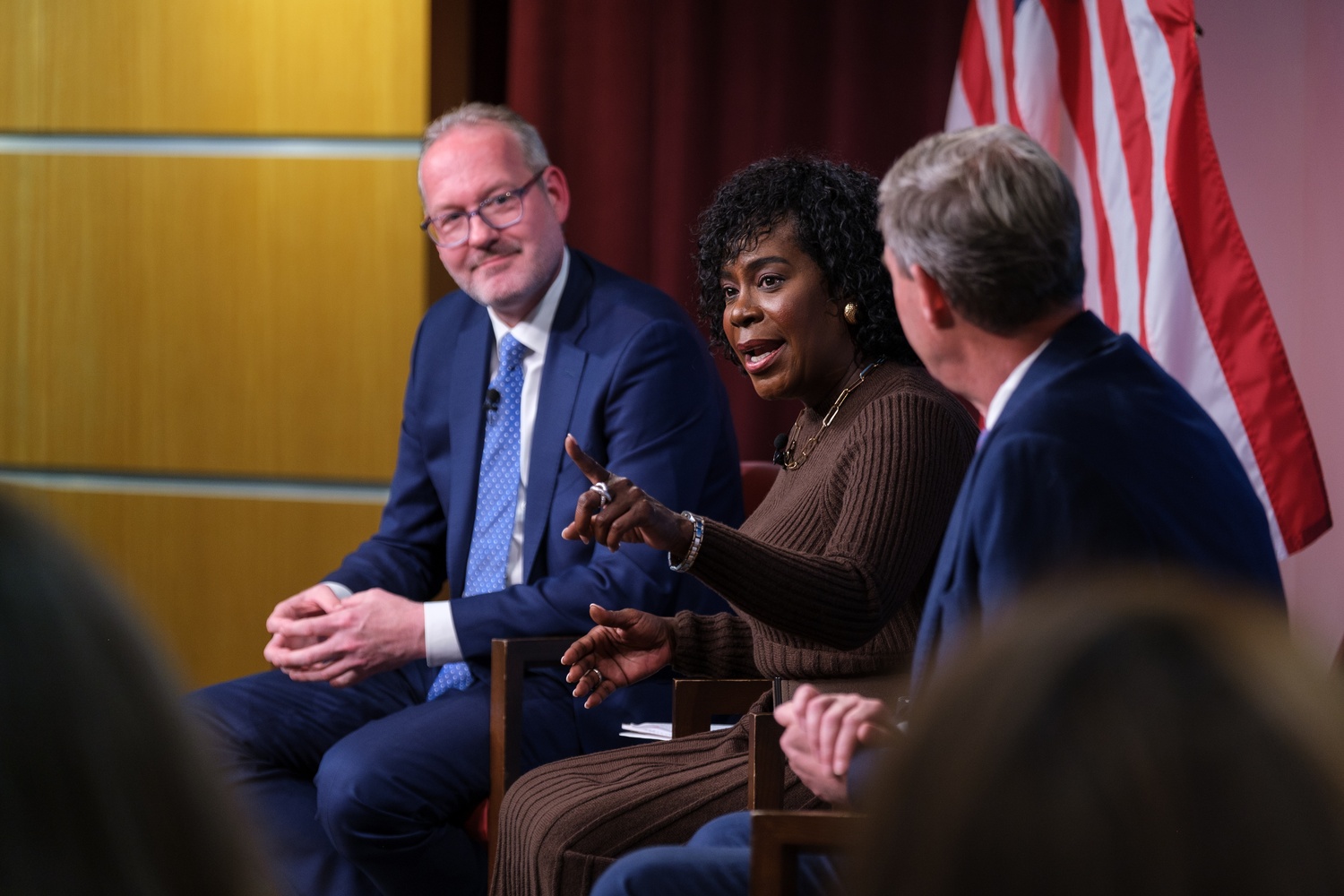 Director of the Bloomberg Center for Cities, Jorrit de Jong, moderates a discussion on urban problem solving with Cherelle L. Parker, mayor of Philadelphia, and Daniel J. Rickenmann, mayor of Columbia. By Mae T. Weir