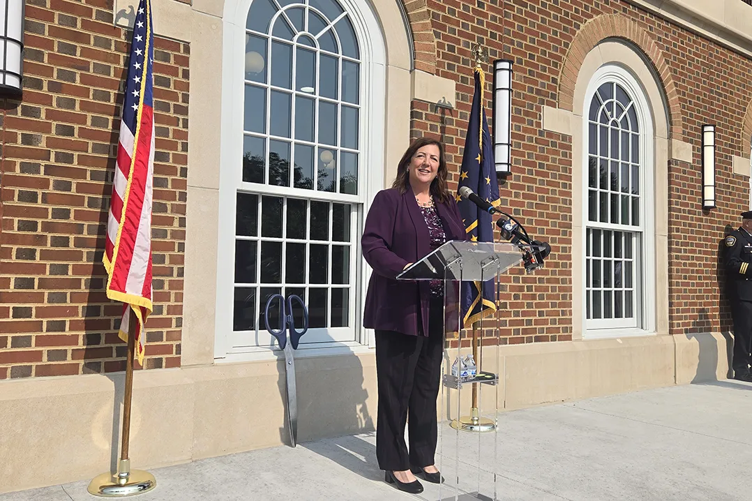 Carmel Mayor Sue Finkam speaks during a ribbon-cutting ceremony for the new Carmel Police Department headquarters.